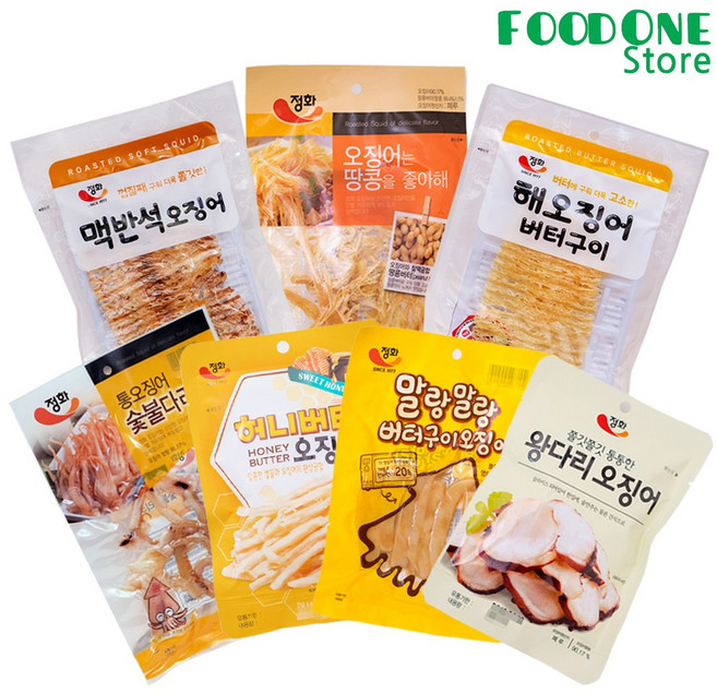 [푸드원스토어] 정화식품 맥반석1+해1+오징어땅콩좋아해1+숯불다리구이1+허니버터1+버터구이1+왕다리1 조미 오징어 안주 세트, 7개