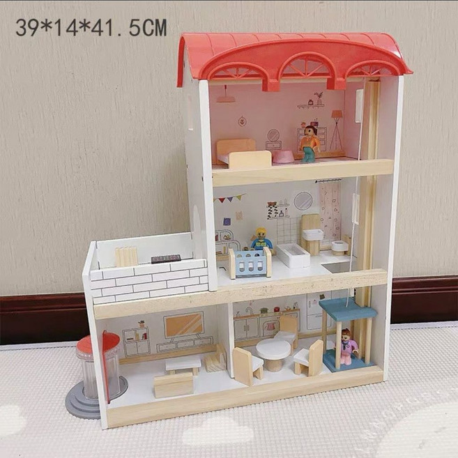木製仿真娃娃屋 兒童角色扮演玩具, 1個, 紅頂電梯升降三層娃娃房包含傢俱小人偶