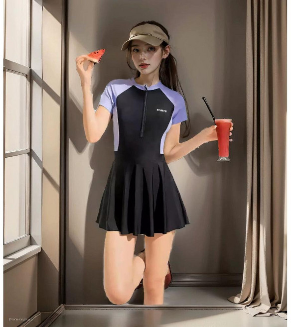 원피스 래쉬가드 여성용 수영복 여름 뱃살가리는 복부커버 비치웨어 빅사이즈 휴양지 체형보정, 보라색