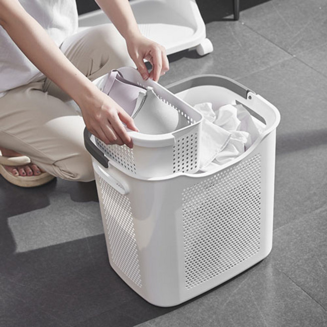 무타공마켓 분리수납 튼튼한 손잡이 빨래바구니 세탁 세탁물 바구니, 미니바구니포함 그레이