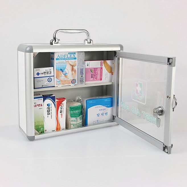벽걸이 일반형 알루미늄 구급함 구급상자 구급약 18종 포함, 1세트