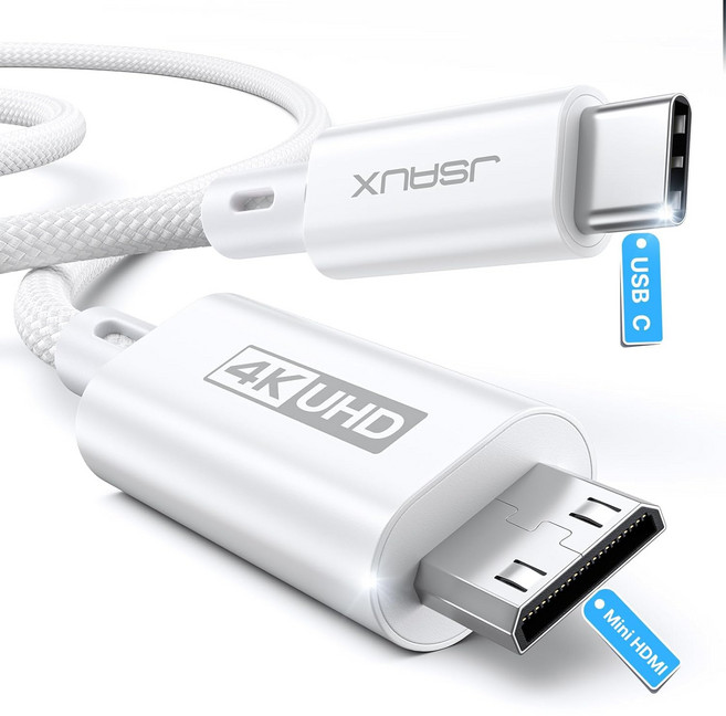 JSAUX USB-C to Mini HDMI 케이블 3FT 고속 4K 타입 C (4K@30Hz/2K@60Hz/1080P) 휴대용 모니터 스팀 덱 노트북 맥북 아이패드, 2M, White