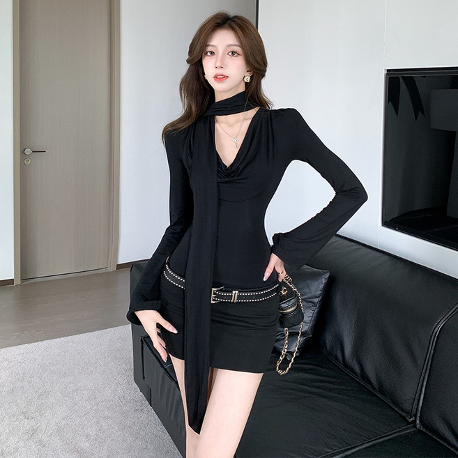 원시크 고퀄리티 드레이프 슬림핏 원피스 벨트 세트 섹시 글램룩 보정 미니 원피스