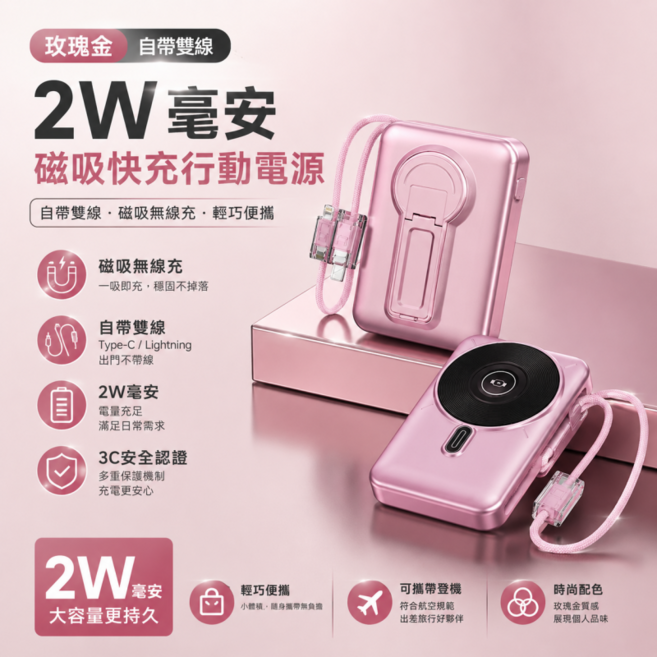 無線磁吸行動電源 20000mah大容量行動電源 MagSafe 移動電源 PD快充, 玫瑰金, 20000mAh【雙線快充防爆電芯+支援手錶耳機】