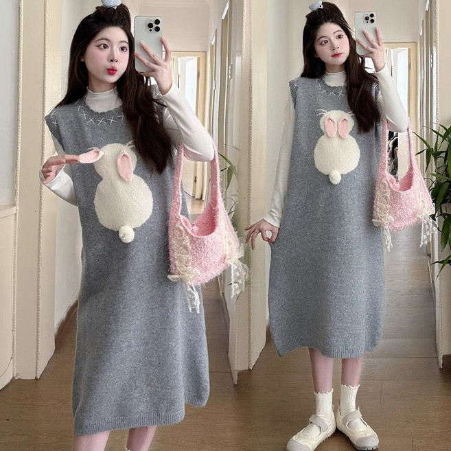 패션 여성 임산부 하객룩 원피스 겨울 임부복 원피스세트 데일리 임부복 반폴라티 +민소매 니트 원피스 세트 YJW