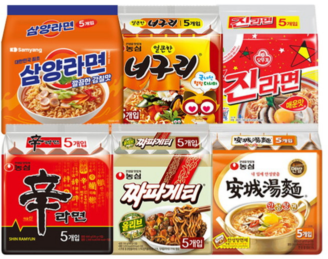 [오뚜기] 봉지라면 혼합 30 (신라면5+짜파게티5+안성탕면5+삼양라면5+너구리5+진라면매운맛5), 30개, 30개