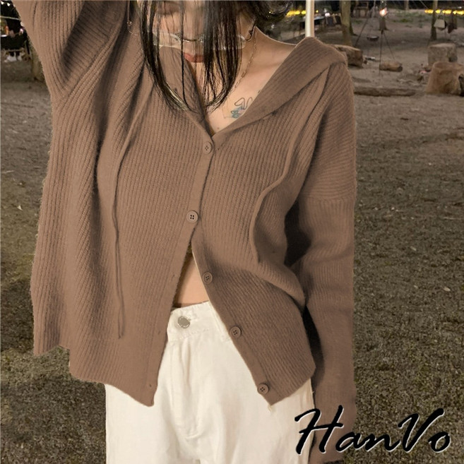 HanVo 連帽抽繩長袖針織外套 溫柔風親膚百搭春秋外套 韓系女裝