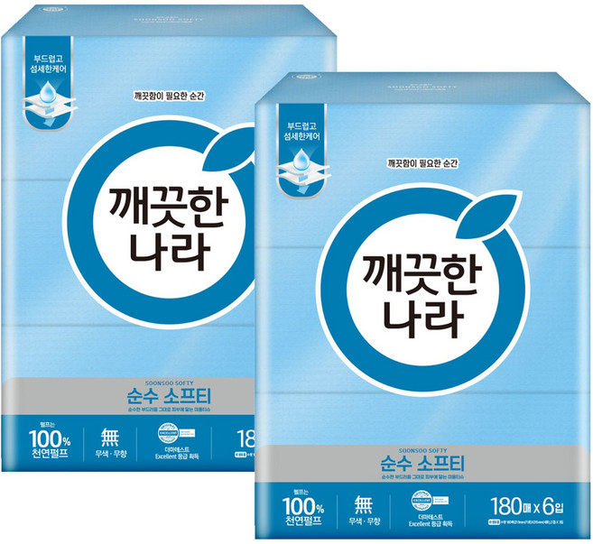 깨끗한나라 각티슈 순수소프티 180매 6입 x2개, 12개