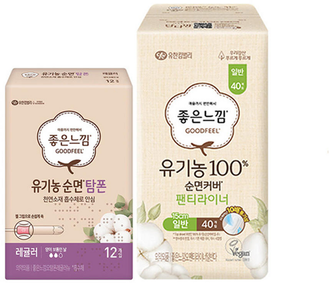 좋은느낌 유기농 순면커버 팬티라이너 일반 40매 1개+ 탐폰 레귤러 12매 1개, 좋은느낌 유기농 순면커버 팬티라이너 일반, 40매, 1, 1개, 15cm