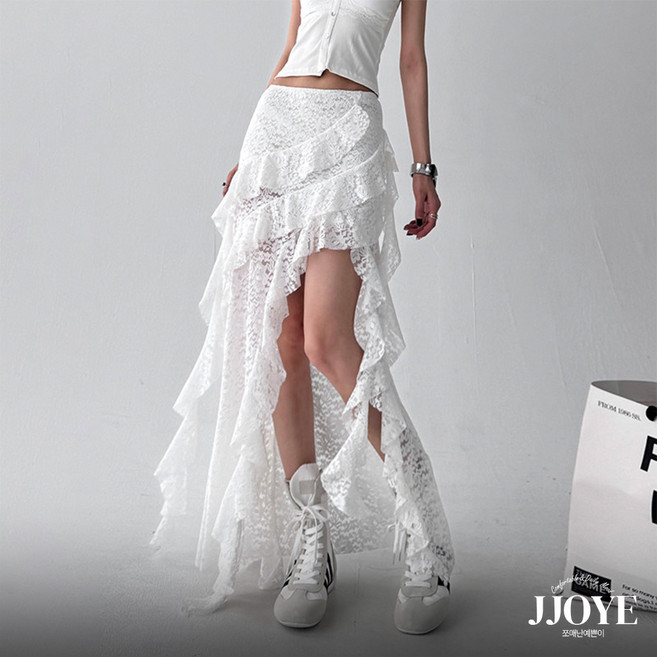 쪼예 로맨틱 시스루 프렌치 레이스 언발 프릴 레이어드 스커트