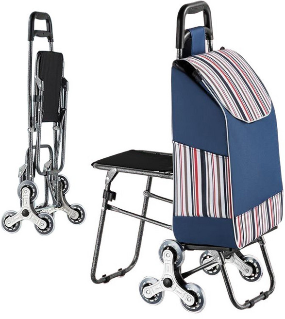 3가드 접이식 3륜 계단용 쇼핑카트 의자겸용, 네이비, 1개