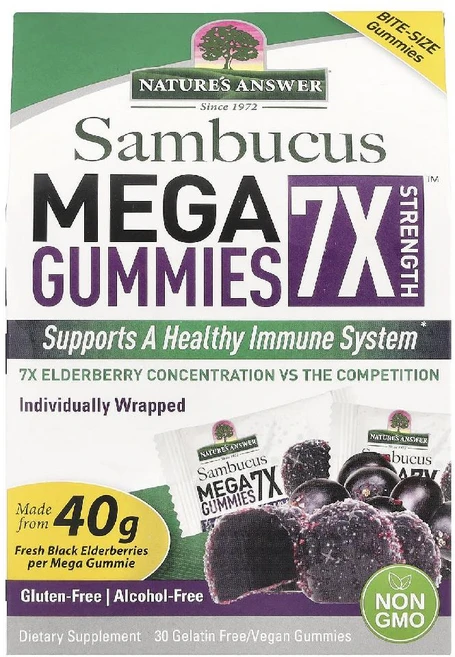 네이처스앤서 삼부커스 블랙 엘더베리 메가 구미젤리 202mg 7X 스트렝스 30개, Nature's Answer, Sambucus Mega - 쿠팡