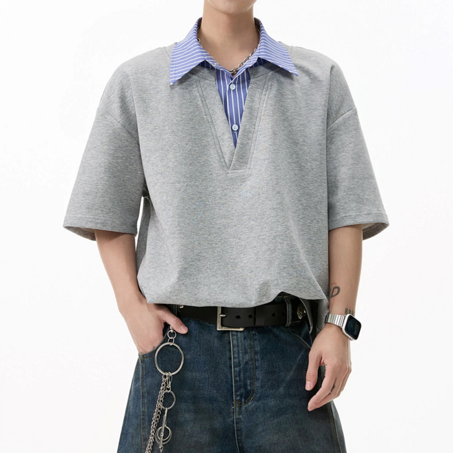 2026 남성 여름 빅사이즈 페이크 투피스 셔츠 칼라 와이드 반팔 남성 레이어드 패션 루즈핏 티셔츠