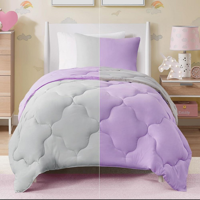 Comfort Spaces Vixie 양면 거위 털 얼터너티브 이불 미니 세트, 라벤더/라이트 그레이