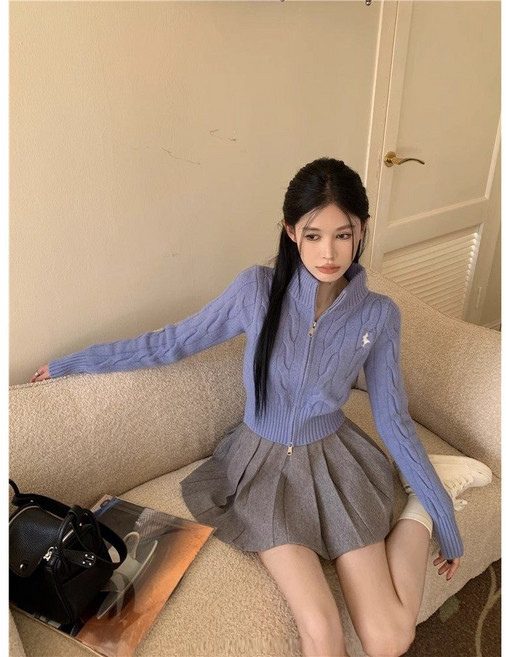 ZAJA여 봄 가을 겨울 조랑말 자수 하이넥 니트 카디건 투 지퍼 스웨터 코트 긴팔 상의