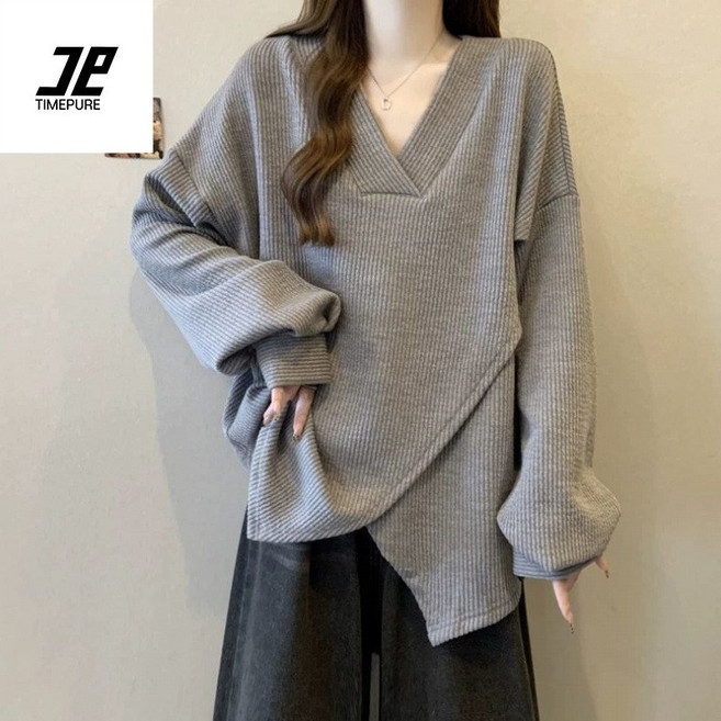 플러스사이즈 긴팔 티셔츠 슬림 실루엣 체형 커버 우아한 순색 트렌디한 데일리 오버핏 긴팔