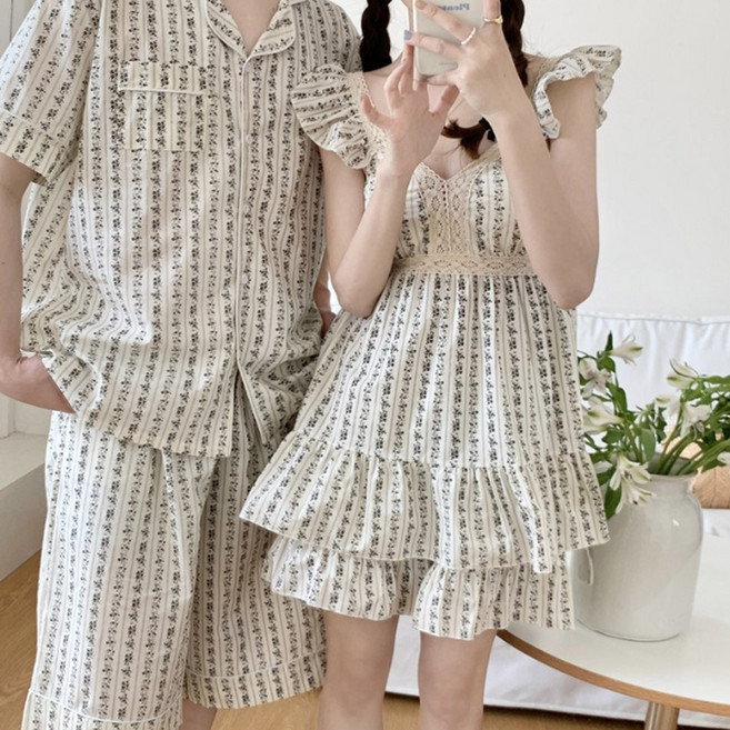 문릿 '블랙베리' 여성 남성 파자마 상하세트 원피스 잠옷 (패드내장)