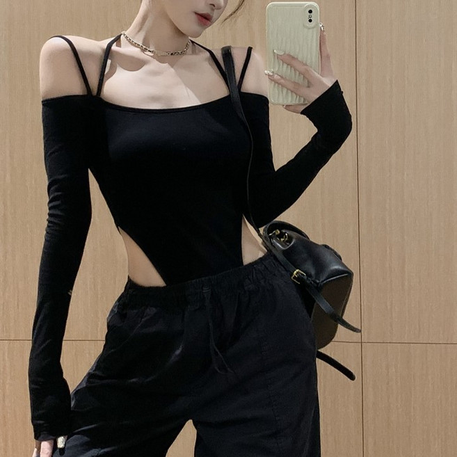 쪼예 섹시 골반 더블 홀터넥 오프숄더 긴팔 바디수트 티셔츠