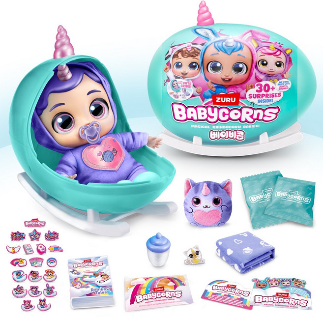 레인보우콘 베이비콘 서프라이즈 아기 동생 돌보기 인형 장난감, 핫핑크뿔(보위), 1개