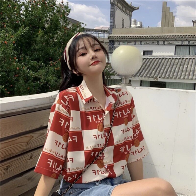 韓版復古印花短袖襯衫