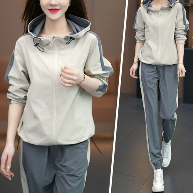 FANSYLI 여성 트레이닝복 세트 빅사이즈 심플 루즈핏 캐주얼 츄리닝 세트 후드지퍼 점퍼+밴딩 조거팬츠 투피스 봄가을 아웃도어 등산복 조깅복 트레킹복 XR2512D22