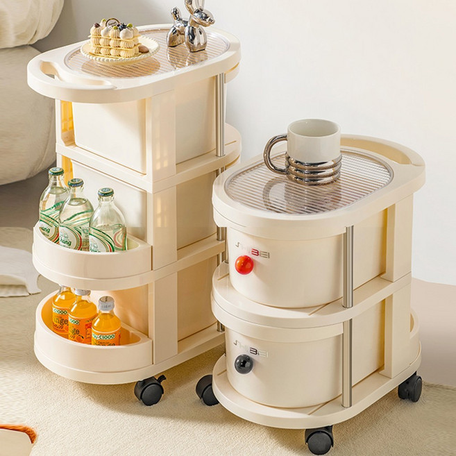 하루꿈 양면 수납 서랍장 다용도 간식 트롤리 서랍형 이동식 수납장, 3단, 아이보리