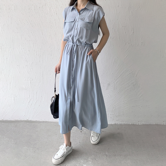 고급 여름 민소매 포켓 캐주얼 칼라 조끼 원피스 솔리드 빅사이즈 허리 스트링 셔츠 롱스커트 데일리 통근룩