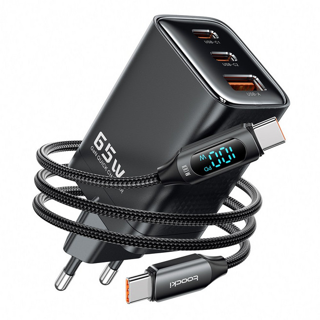 Toocki GaN PPS PD 65W 2C1A 3포트 초고속 멀티충전기, 1개, 블랙+케이블