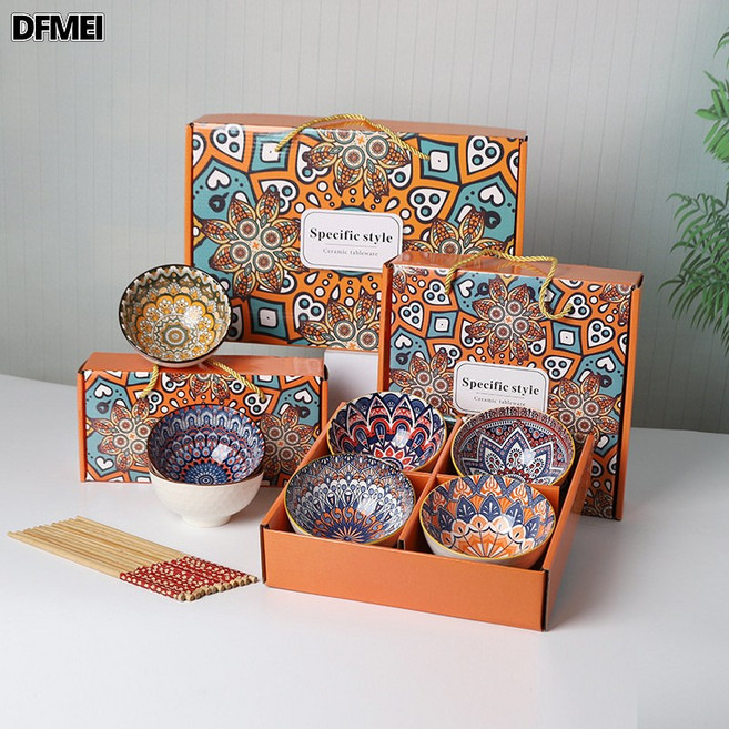 DFMEI 熊貓陶瓷餐具碗筷套裝禮盒裝家用新款飯碗開業贈送伴手禮釉下彩碗, 1個, 波西米亞, 兩碗
