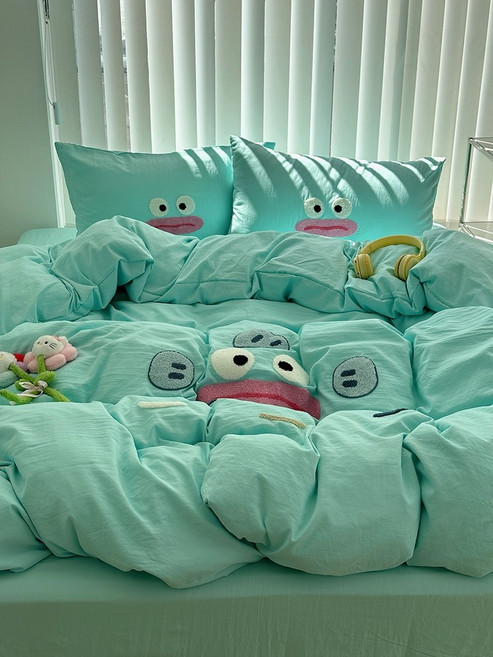 산리오 키티 한교동 침구 세트 워싱면 사계절 이불 커버 베개 세트 귀여운 자취방 기숙사 인테리어 굿즈