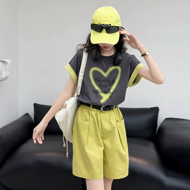 큐엘아리아 여아 여름 초등생 하트 상하복 세트 주니어 초중생 반팔티 반바지
