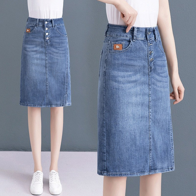 ANYOU 여자 베이직 플레어 스커트 하이웨스트 슬림핏 데님스커트