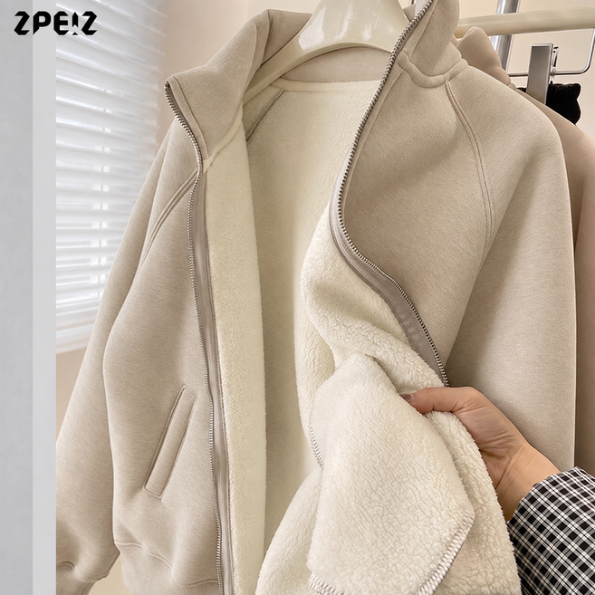 2위 - ZPEIZ 여성 가을겨울 기모 후드 집업 점퍼 두꺼운 양털 지퍼 아우터 부드러운 두꺼운 코트