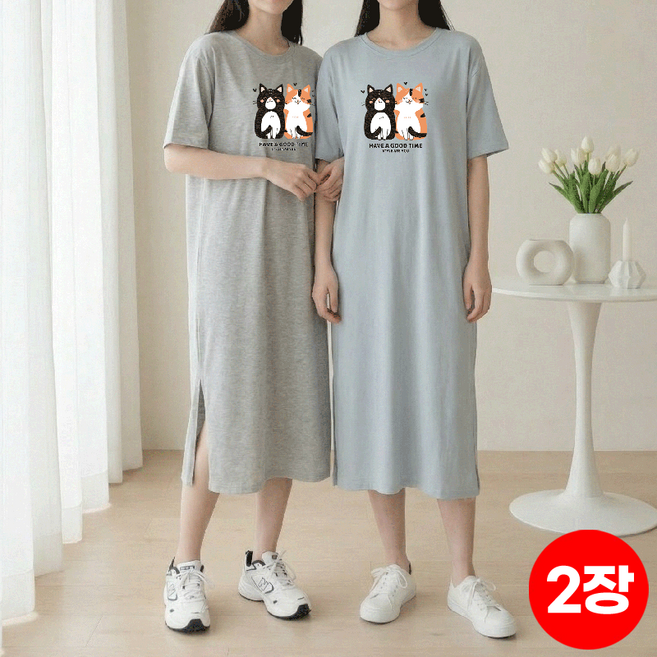 1+1 스타일아유 여성 고양이 일러스트 반팔 롱원피스 루즈핏 데일리 이지웨어 OP2429