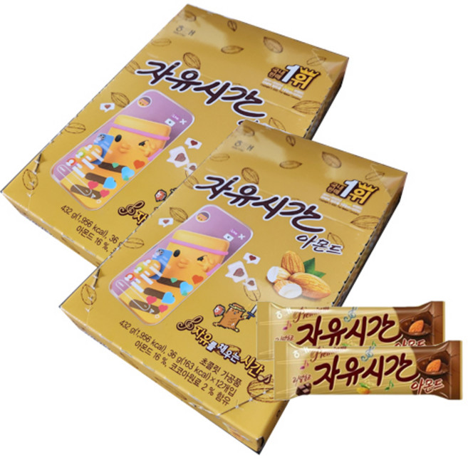 해태 자유시간 아몬드 432g(36g x12개입) 2각 박스안심포장 초코바, 432g, 2개