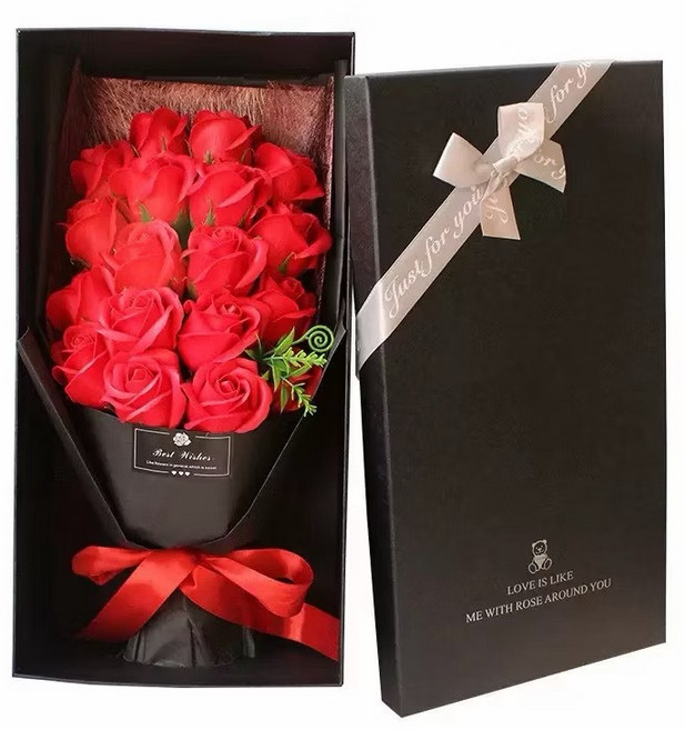 18朵香皂玫瑰花束 黑色精品禮盒, 18朵新款漸變紅色-禮盒+提袋, 粉雲山