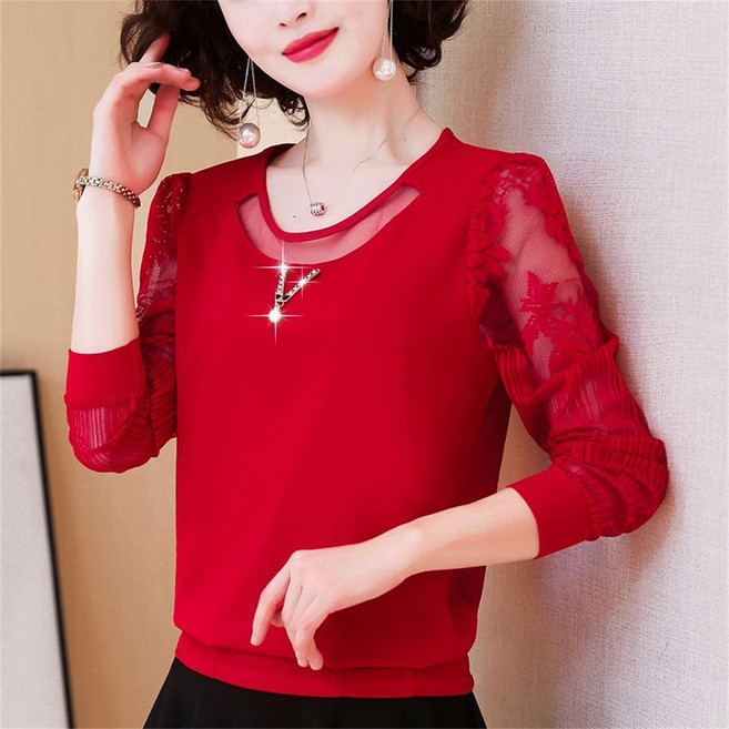 ROYALBELLE 여성 긴팔 쉬폰 블라우스 빅사이즈 레이스 시스루 숏 핏 데일리룩 Y072914