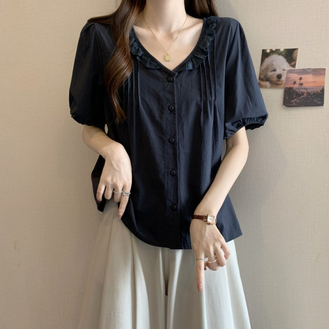 SAHINER 여성 반팔 러플 브이넥 단추 셔츠 블라우스 데일리 ATX74