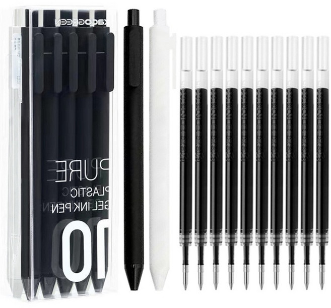 KACO PURE 소프트 젤펜 0.5mm 블랙/화이트 10P + 리필 심 10P, 1개, 카카오 블랙+화이트 펜슬 세트