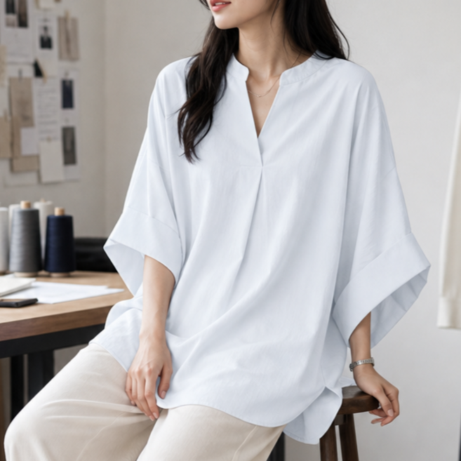 에이프릴랩스 여성 브이넥 루즈핏 가오리핏 7부 반팔 남방 셔츠 블라우스