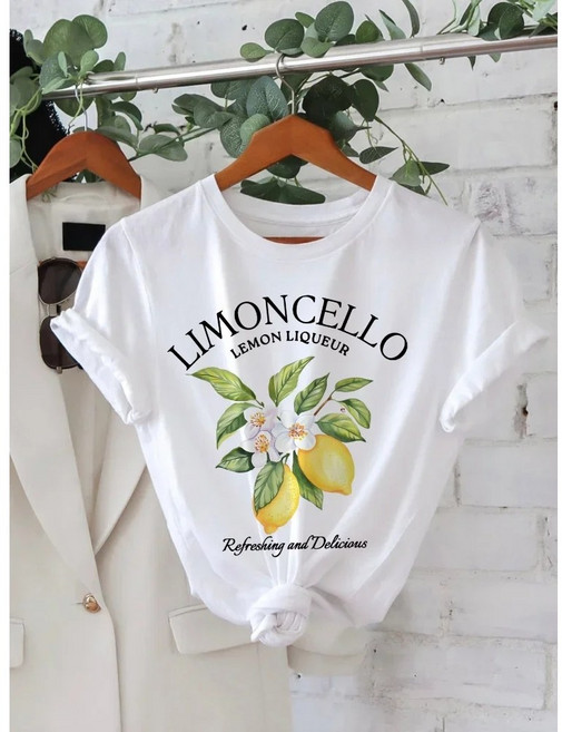 여성 레몬 일러스트 프린팅 반팔티 리몬첼로 레터링 화이트 캐주얼 여름 라운드넥 베이직 티셔츠 과일 디자인 빈티지 감성