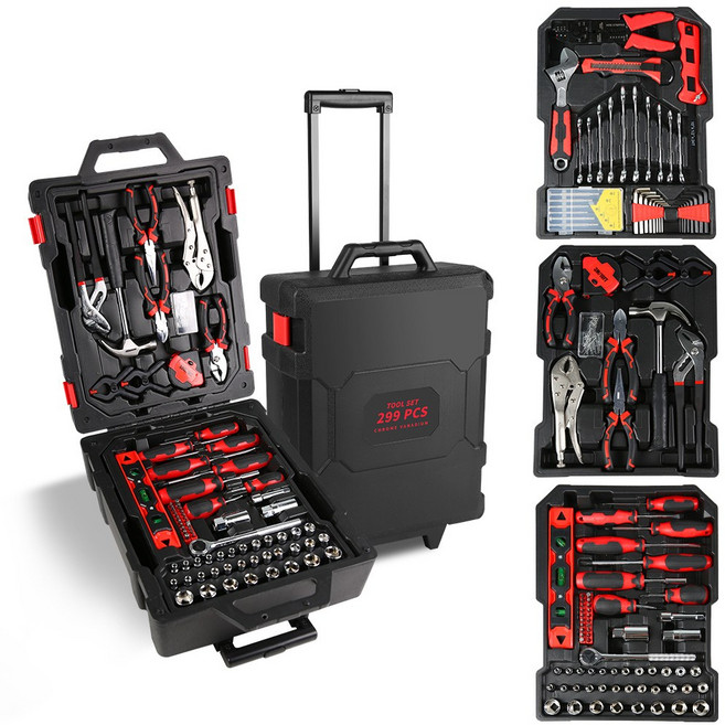 가정용 타이로드 공구세트 이동식 바퀴 종합 공구박스 세트 다용도 전문가용 자동차 정비 공구함 만능 휴대용 공구가방, 1개, 299PCS