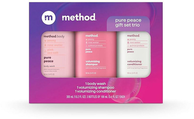 Method 바디 워시 및 헤어 케어 선물 세트 퓨어 피스 96.4g(3.4온스) 여행용 사이즈 병, Method 바디 워시 및 헤어 케어 선물 세트, 퓨어