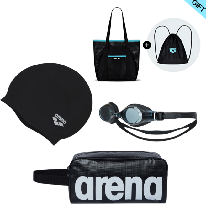 아레나 수영용품 세트 / 비크 수경 + 수영 손가방 + 실리콘 수모 + 메쉬 가방, 1개, 블랙