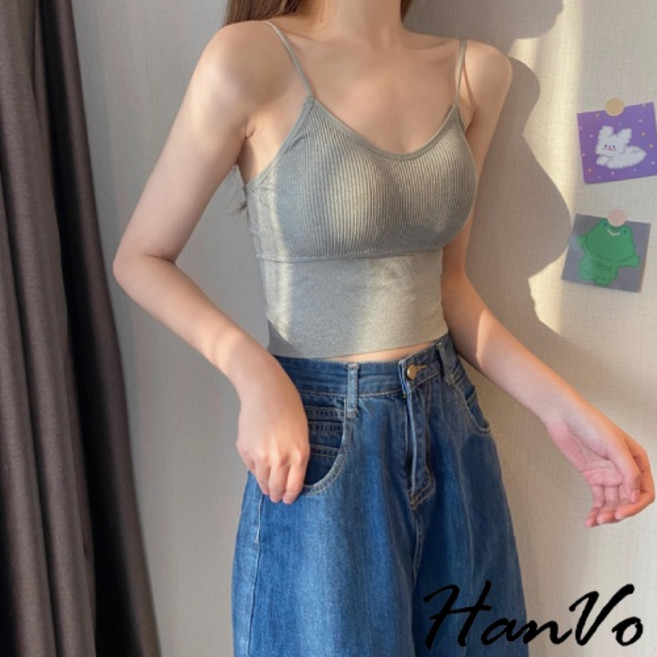 HanVo 細肩帶短版小可愛 附可拆胸墊 舒適彈性內搭