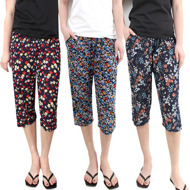 (3장)슬레진저 여성 꽃무늬 까실이 7부 9부 아이스 쿨팬츠 여름 잠옷 여자 파자마 쿨 바지 작업복 일바지 몸빼 하의