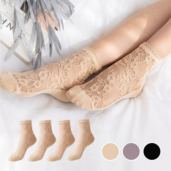 에너리스 여성 발목 레이스양말 4켤레 1세트/ 3타입 여름 시스루 구두양말