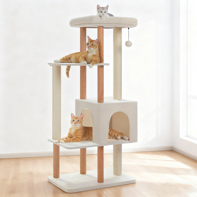 PAWZ Road 5단 중형 모던 심플 원목 캣타워153cm 숨숨집 + 전망대+플랫폼, 1개, 베이지