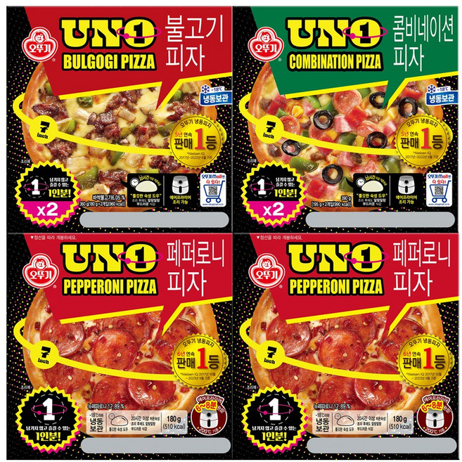 오뚜기 UNO 피자 콤비네이션 (195gx2) 1개+불고기 (180gx2) 1개+페퍼로니 180g 2개, 1.11kg, 1세트