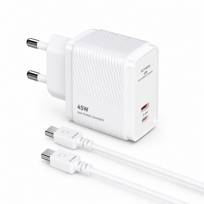 엑티몬 PD 45W GaN C타입 2포트 초고속 멀티 충전기 어댑터 ( CtoC 케이블 포함 1.2M ), 1개, 화이트